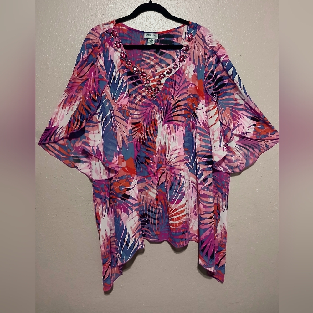 Women's colorful leaf print flowy blouse with embellished detail